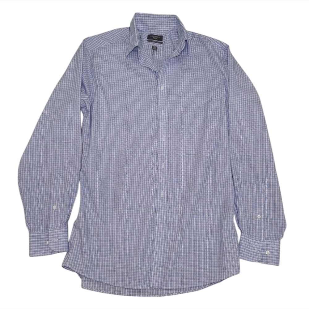 DOCKERS Collar Button Up Iron Free Fitted 15/15-34/35 Blue Dress Shirt